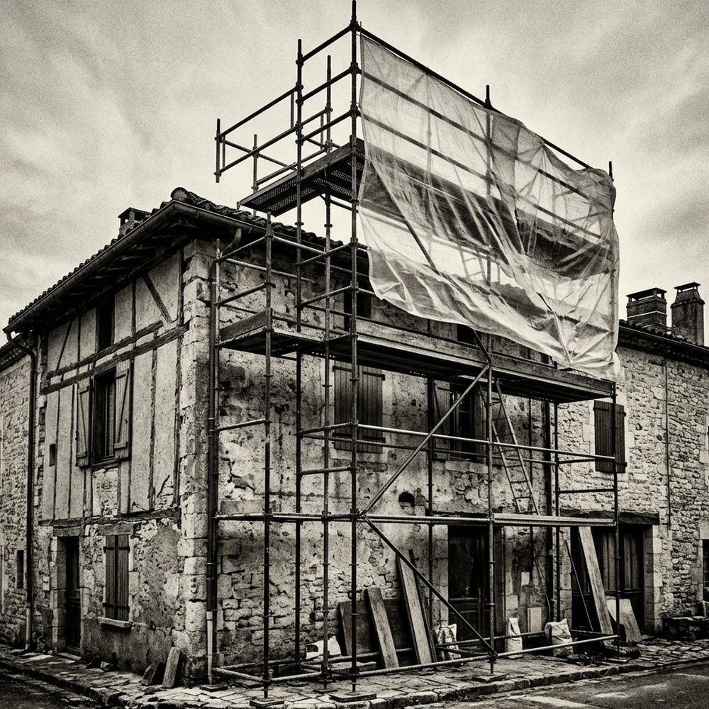Échafaudage sur une maison de village