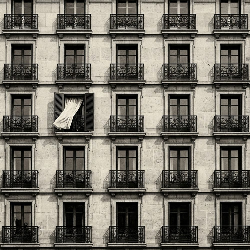 Façade d’immeuble ancien, une fenêtre ouverte