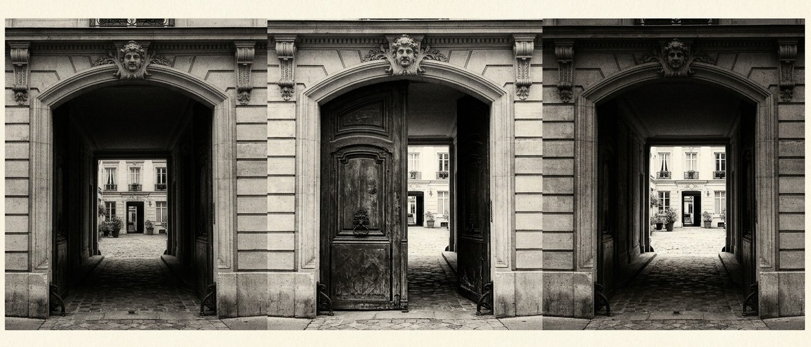 Porte cochère haussmannienne ouverte sur une cour