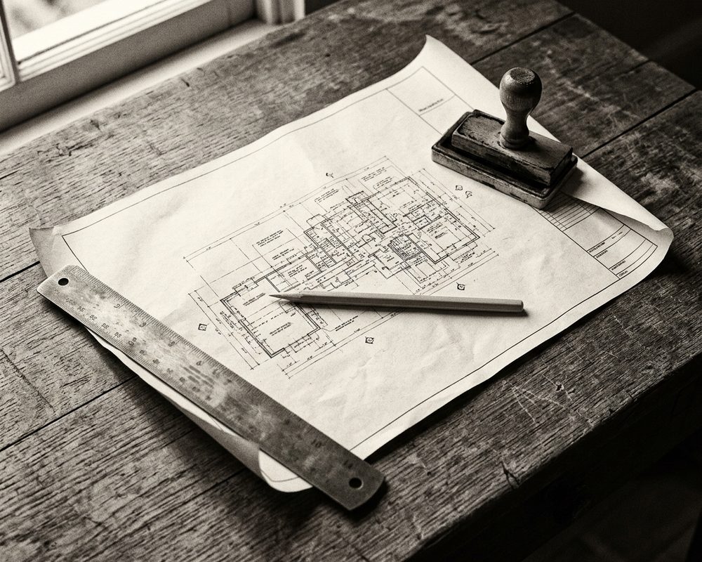 Plan d’architecte, règle et tampon