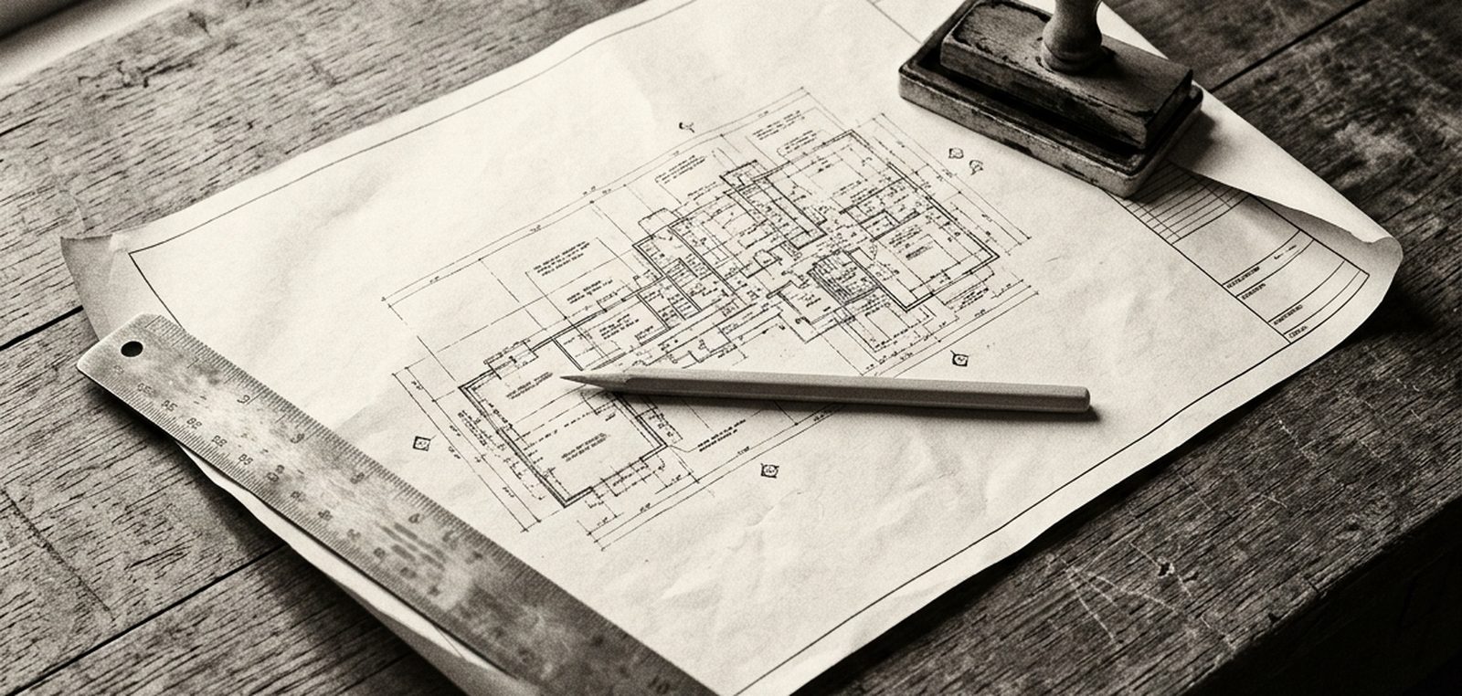 Plan d’architecte, règle et tampon